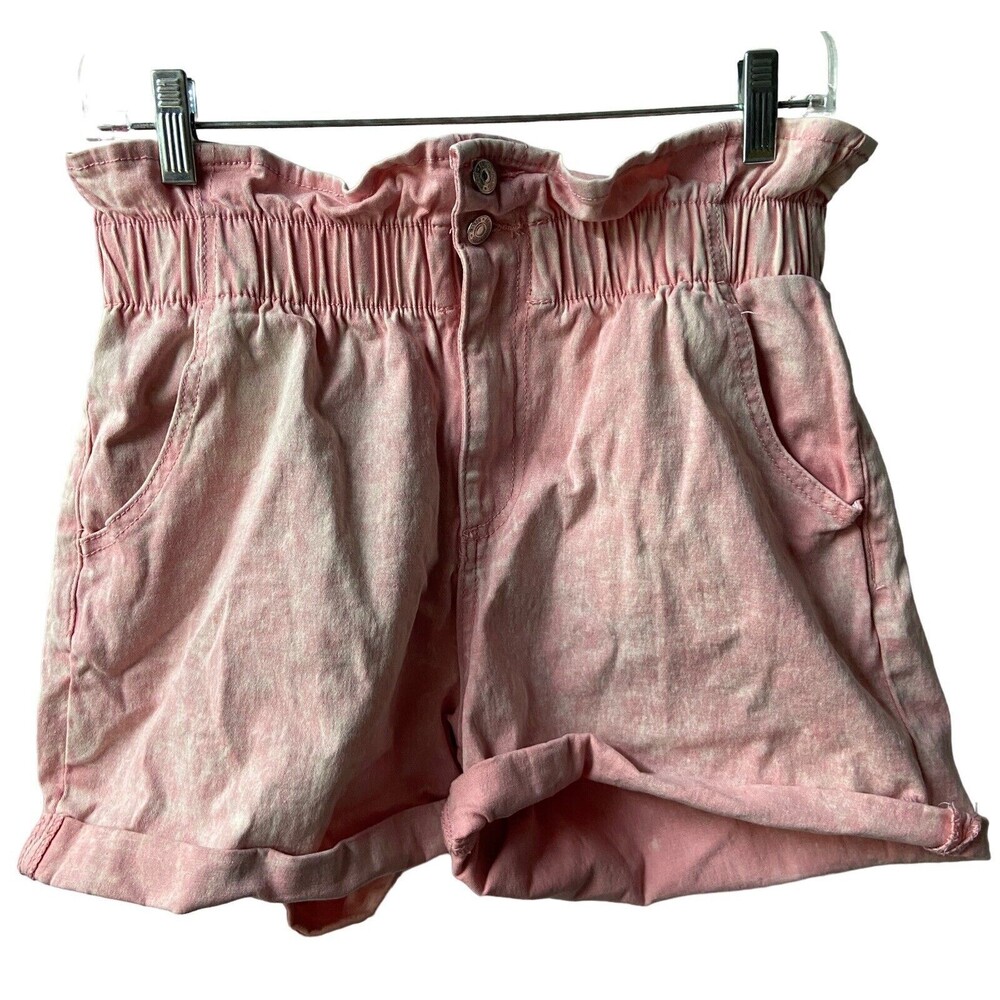 Almost Famous Shorts Womens M Pink Cuffed Denim Elastic Waist Zip Paperbag